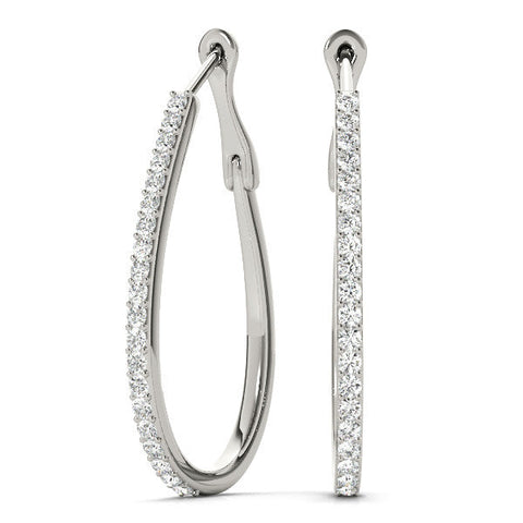 Silver Pavé Round Diamond Teardrop Hoop Earrings with Hidden Hinged Setting