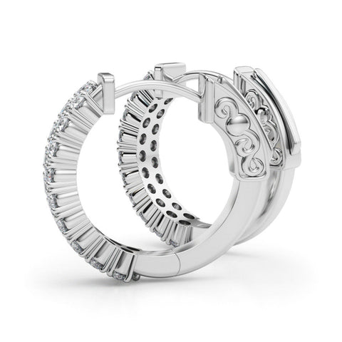 Silver Pave Round Diamond Hoop Earrings with Channel Band and Shared Prong Setting