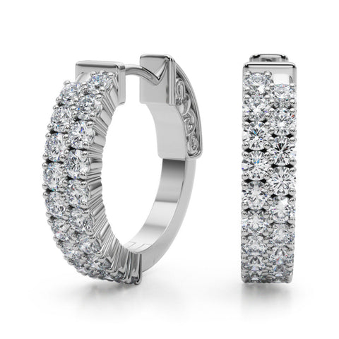 Silver Pave Round Diamond Hoop Earrings with Channel Band and Shared Prong Setting
