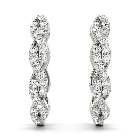 Silver Pave Round Diamond Twisted Hoop Earrings with Shared Prong Setting