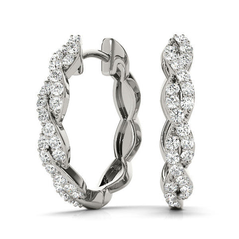 Silver Pave Round Diamond Twisted Hoop Earrings with Shared Prong Setting