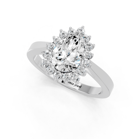 Platinum Pear Cut Diamond Pavé Band Solitaire Ring with Four-Prong Setting