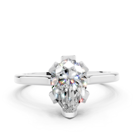 White gold Pear Cut Solitaire Diamond Ring with Flower-Prong Setting and Classic Band