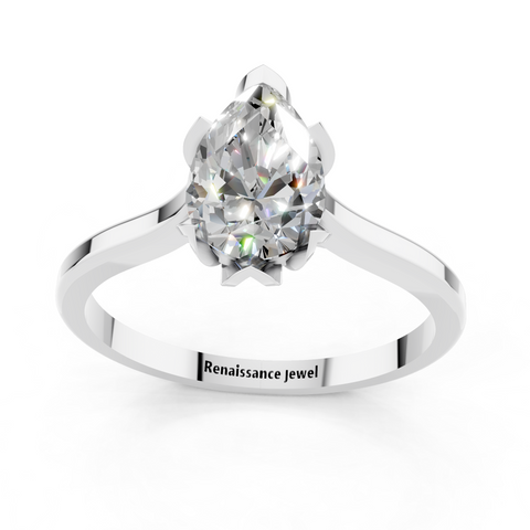 Platinum Pear Cut Solitaire Diamond Ring with Flower-Prong Setting and Classic Band