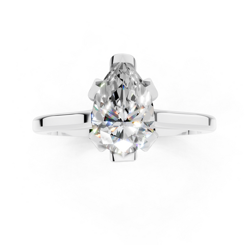 Platinum Pear Cut Solitaire Diamond Ring with Flower-Prong Setting and Classic Band