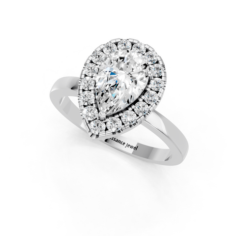 White gold Pear Halo Diamond Solitaire with Pavé Band and Four-Prong Setting