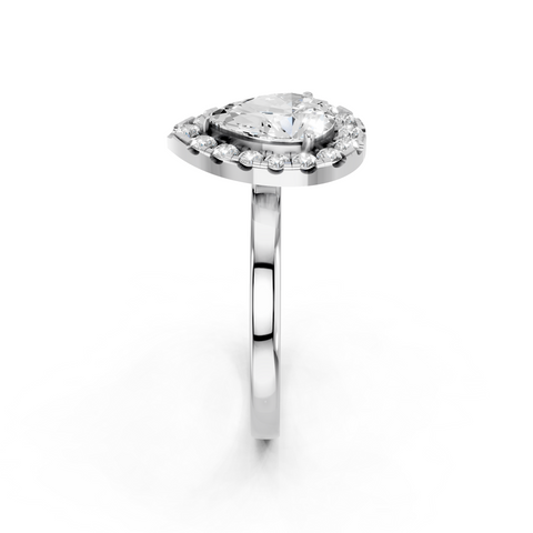 White gold Pear Halo Diamond Solitaire with Pavé Band and Four-Prong Setting
