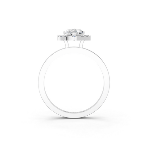 Platinum Pear Halo Diamond Solitaire with Pavé Band and Four-Prong Setting