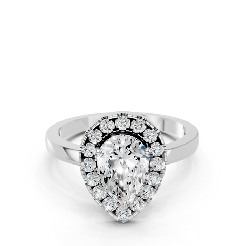 White gold Pear Halo Diamond Solitaire with Pavé Band and Four-Prong Setting