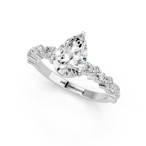 White gold Pear Solitaire with Side Stones, Pave Band, Four-Prong Setting