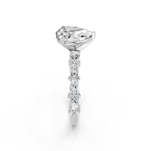 White gold Pear Solitaire with Side Stones, Pave Band, Four-Prong Setting