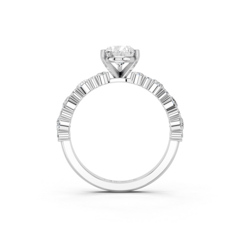 White gold Pear Solitaire with Side Stones, Pave Band, Four-Prong Setting
