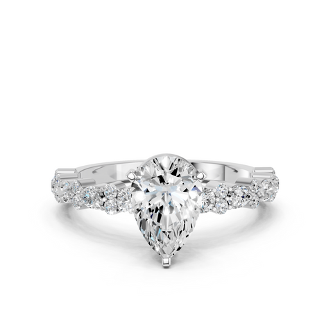 White gold Pear Solitaire with Side Stones, Pave Band, Four-Prong Setting