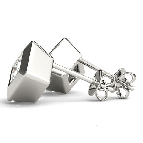 Silver Princess Cut Bezel Set Diamond Stud Earrings
