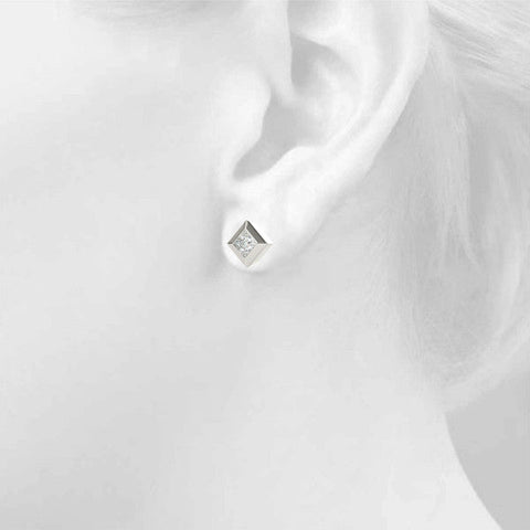 Silver Princess Cut Bezel Set Diamond Stud Earrings