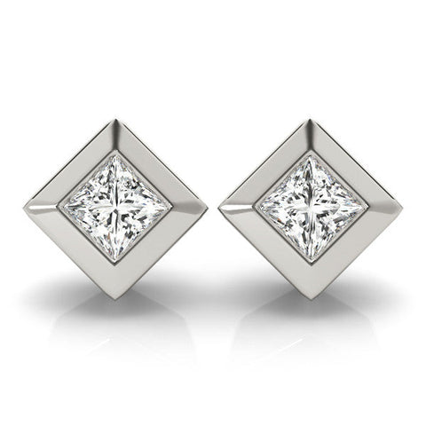 Silver Princess Cut Bezel Set Diamond Stud Earrings