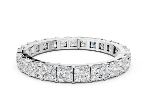 White gold Princess Cut Diamond Eternity Band with Channel Setting and Shared Prong