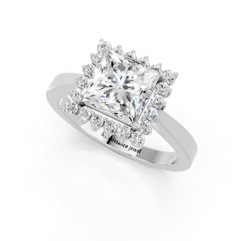 White gold Princess Cut Diamond Pavé Band Solitaire Ring with Four-Prong Setting