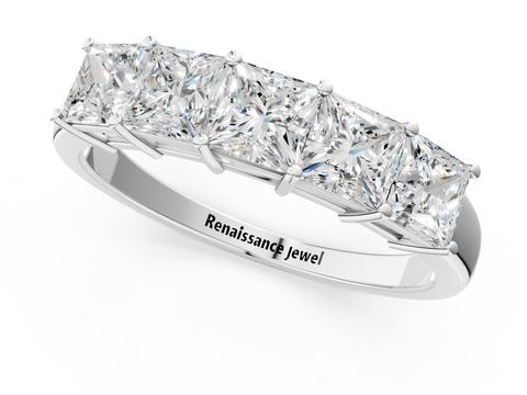 White gold Princess Cut Five-Stone Diamond White Gold Band with Prong Setting