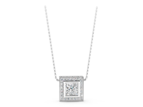 White gold Princess Cut Halo Bezel Pendant