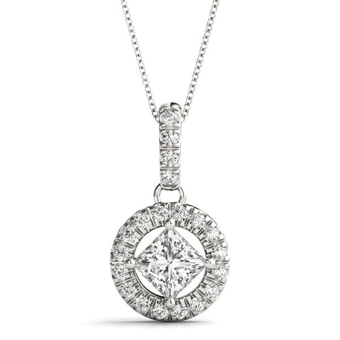 Silver Princess Cut Halo Diamond Pendant with Four-Prong Setting