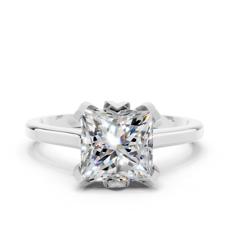 Platinum Princess Cut Solitaire Diamond Ring with Flower-Prong Setting and Classic Band