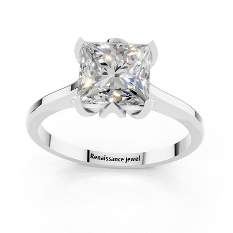 White gold Princess Cut Solitaire Diamond Ring with Flower-Prong Setting and Classic Band