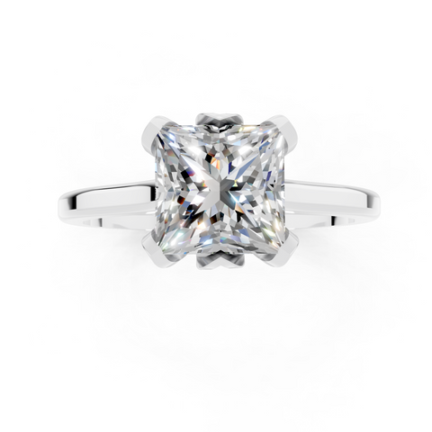 White gold Princess Cut Solitaire Diamond Ring with Flower-Prong Setting and Classic Band