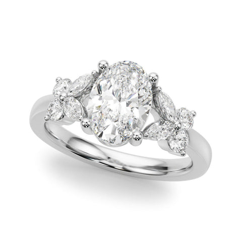 White gold Princess Diamond Floral Cluster Ring with Solitaire Band and Prong Setting
