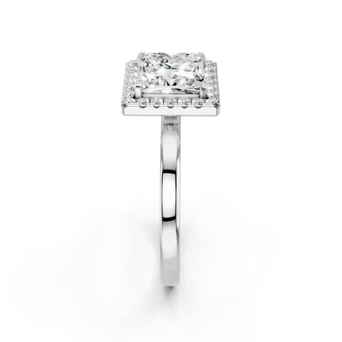 White gold Princess Halo Diamond Solitaire with Pavé Band and Four-Prong Setting