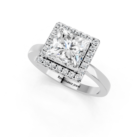 Platinum Princess Halo Diamond Solitaire with Pavé Band and Four-Prong Setting