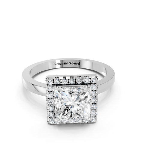 White gold Princess Halo Diamond Solitaire with Pavé Band and Four-Prong Setting