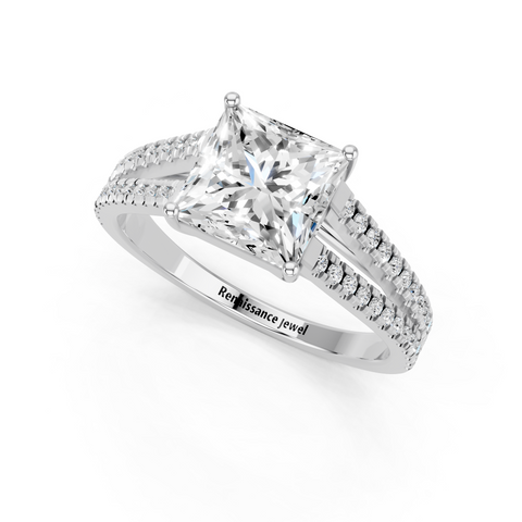 White gold Princess Solitaire Split Shank Pavé Diamond Engagement Ring