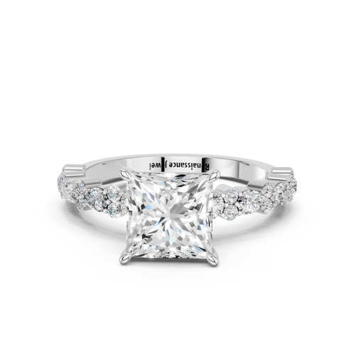 Platinum Princess Solitaire with Side Stones, Pave Band, Four-Prong Setting