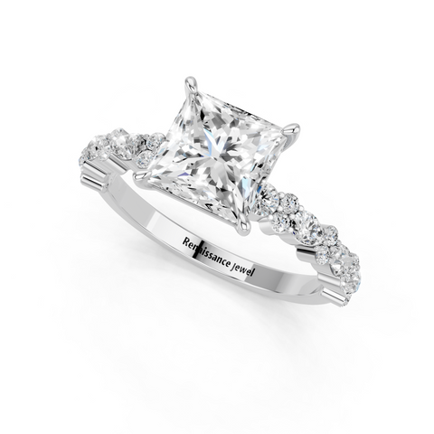 White gold Princess Solitaire with Side Stones, Pave Band, Four-Prong Setting