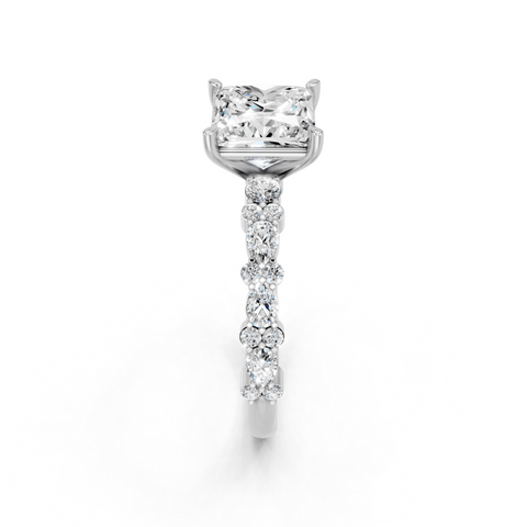 White gold Princess Solitaire with Side Stones, Pave Band, Four-Prong Setting