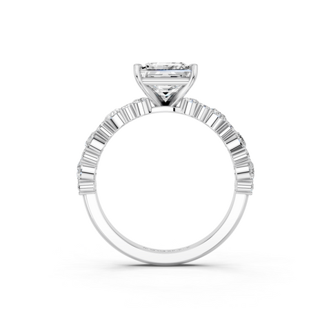 White gold Princess Solitaire with Side Stones, Pave Band, Four-Prong Setting