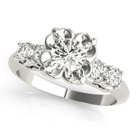 Platinum Round Cut Diamond Floral Halo Engagement Ring with Shared Prong Setting
