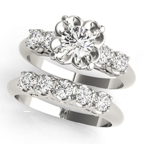 White gold Round Cut Diamond Floral Halo Engagement Ring with Shared Prong Setting