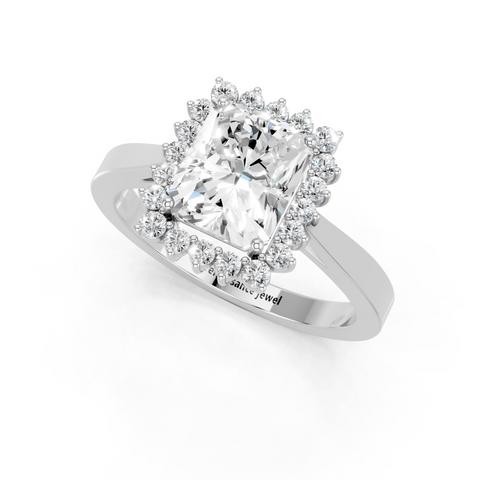 White gold Radiant Cut Diamond Pavé Band Solitaire Ring with Four-Prong Setting