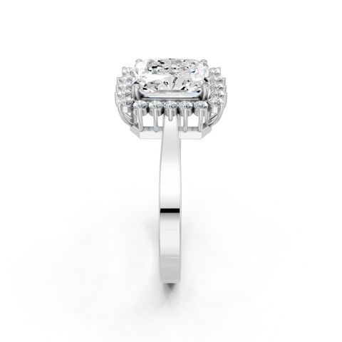 Silver Radiant Cut Diamond Pavé Band Solitaire Ring with Four-Prong Setting