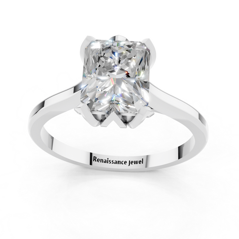 White gold Radiant Cut Solitaire Diamond Ring with Flower-Prong Setting and Classic Band