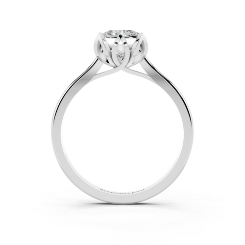 White gold Radiant Cut Solitaire Diamond Ring with Flower-Prong Setting and Classic Band