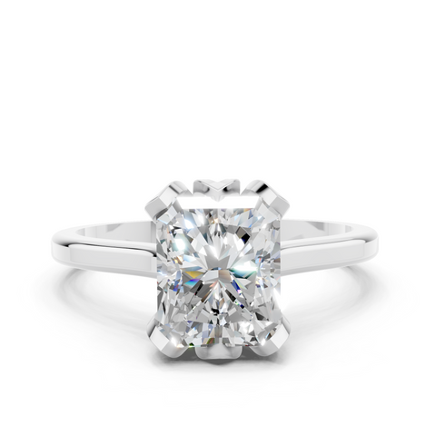 White gold Radiant Cut Solitaire Diamond Ring with Flower-Prong Setting and Classic Band