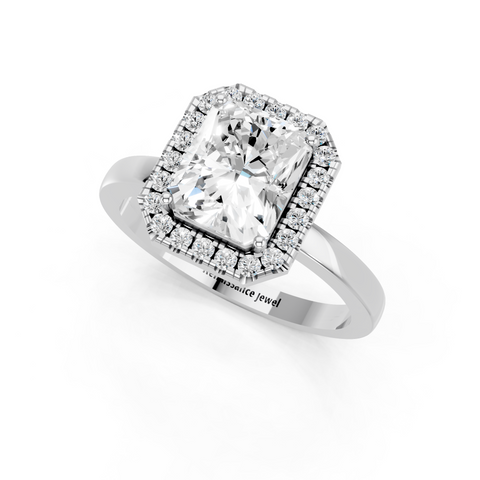 Silver Radiant Halo Diamond Solitaire with Pavé Band and Four-Prong Setting