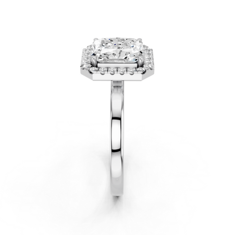 Silver Radiant Halo Diamond Solitaire with Pavé Band and Four-Prong Setting