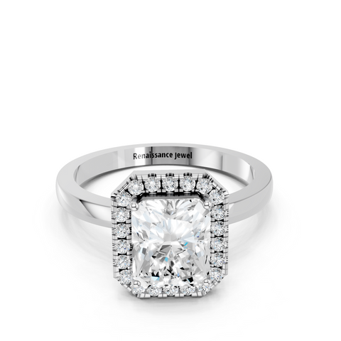 Silver Radiant Halo Diamond Solitaire with Pavé Band and Four-Prong Setting