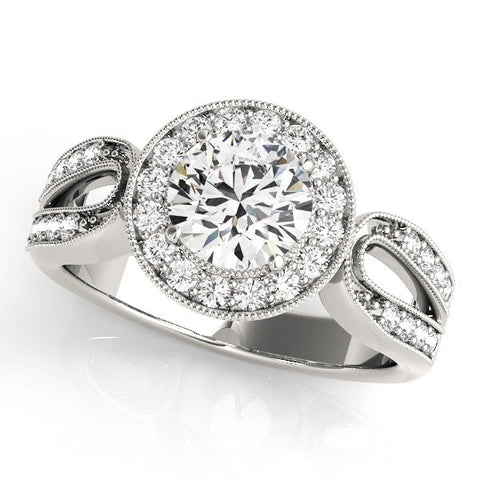 Platinum Round Halo Split Shank Milgrain Diamond Ring