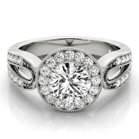 Platinum Round Halo Split Shank Milgrain Diamond Ring