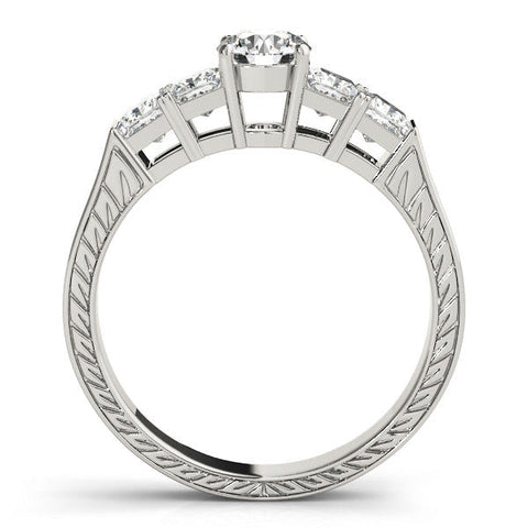 Platinum Round Solitaire Princess Side Stone Engraved Band Prong Setting Ring
